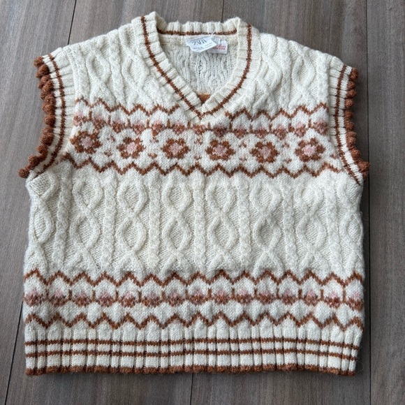 Zara girls jaquard wool blend flower sweater vest brown pink size 4-5 years - Picture 1 of 3